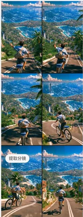Close-up of a Genvizu storyboard sheet: a 3×2 grid where each cell keeps the original video's vertical aspect ratio and the cyclist's motion progresses cell by cell