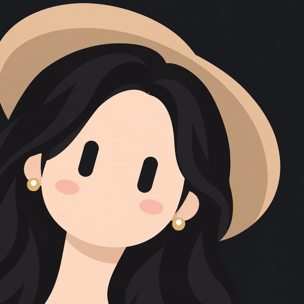 Minimal flat avatar on a black background: a woman with long black curly hair, a beige straw hat with a pink flower trim, pearl earrings and a white tank top, two solid black vertical capsule eyes, a large mouthless round face