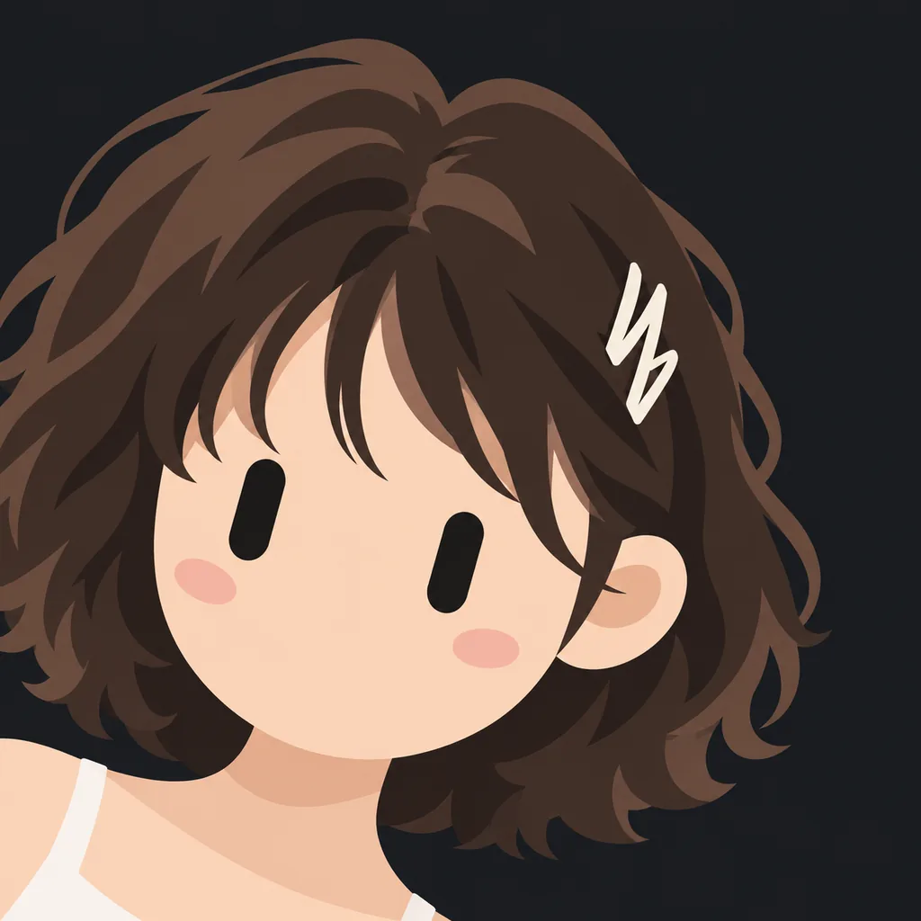 Minimal flat avatar on a black background: the same woman with long black curly hair, beige straw hat and pink flower trim, pearl earrings and white tank top, a second generation with slightly different composition details
