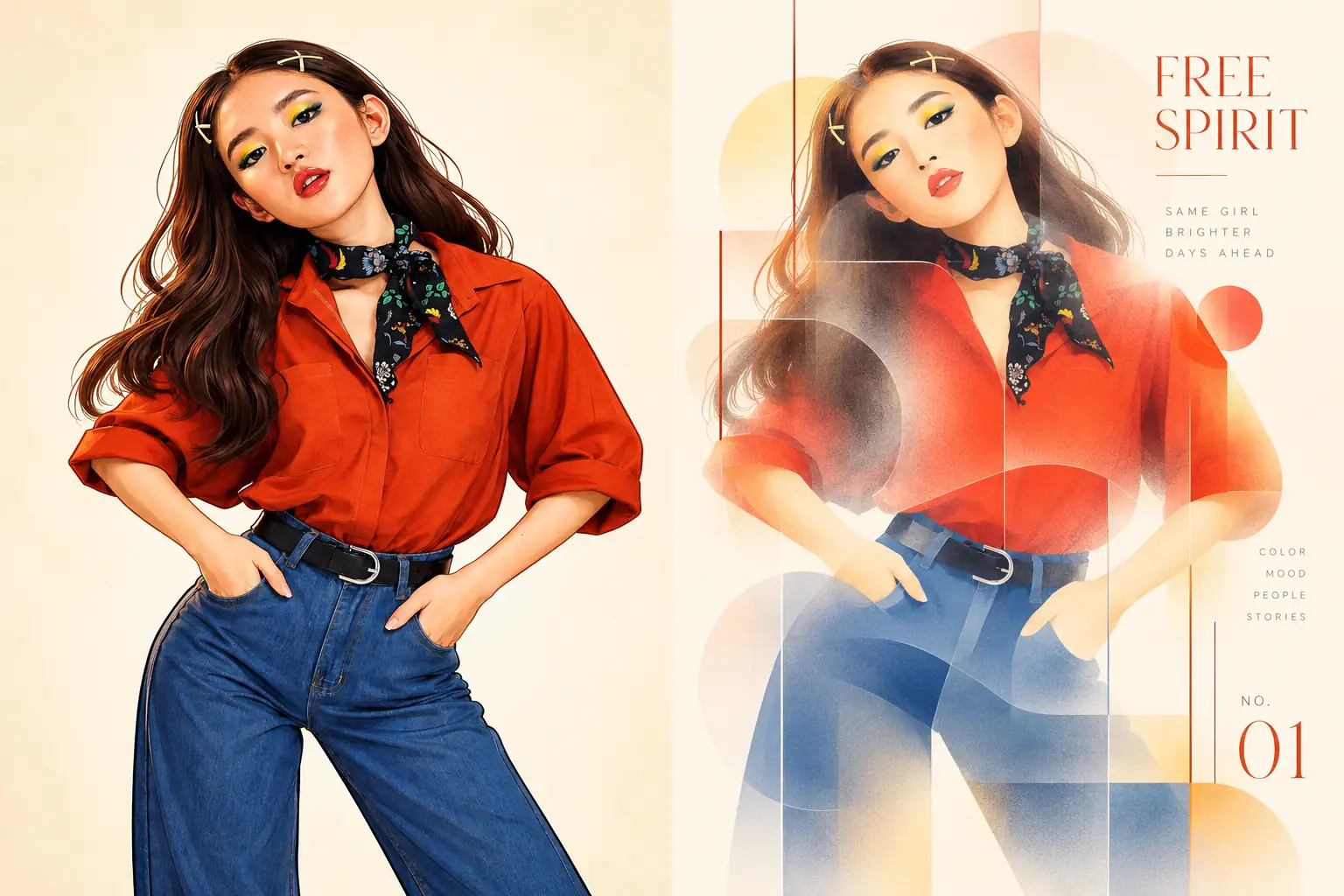 Landscape split poster: on the left, an illustration of a woman in a red shirt and jeans with her hands on her hips; on the right, the same figure layered over red-orange circles and translucent vertical glass strips, titled FREE SPIRIT with the line SAME GIRL BRIGHTER DAYS AHEAD and NO. 01 in the corner