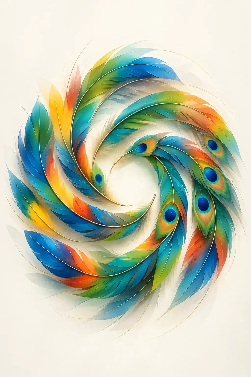 Portrait abstract poster: a swirl of blue, green, orange and yellow peacock feathers with varying degrees of soft focus on an ivory ground, with no text