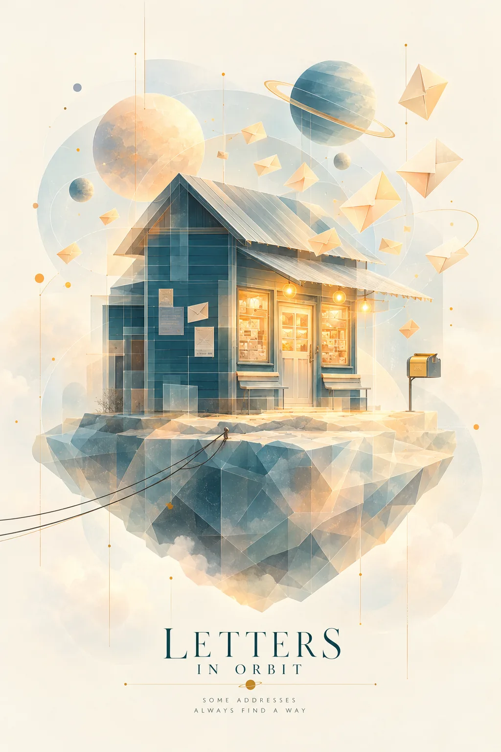 Portrait abstract poster: a blue-grey, glass-like little wooden house with warm yellow windows floating on a faceted crystal island, with a small planet, a paper plane and envelopes above, titled LETTERS IN ORBIT with the line some addresses always find a way