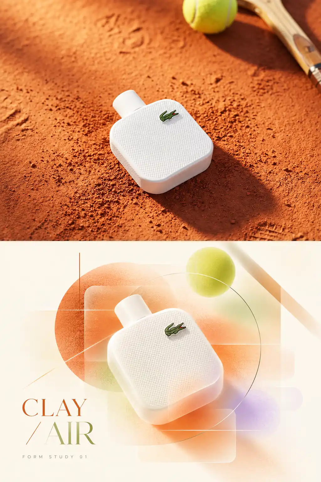 Portrait split poster: the top half is a white perfume bottle and a tennis ball on a terracotta clay court; the bottom half sets the bottle and ball among an orange circle, fine lines and translucent panels, titled CLAY / AIR with the caption FORM STUDY 01