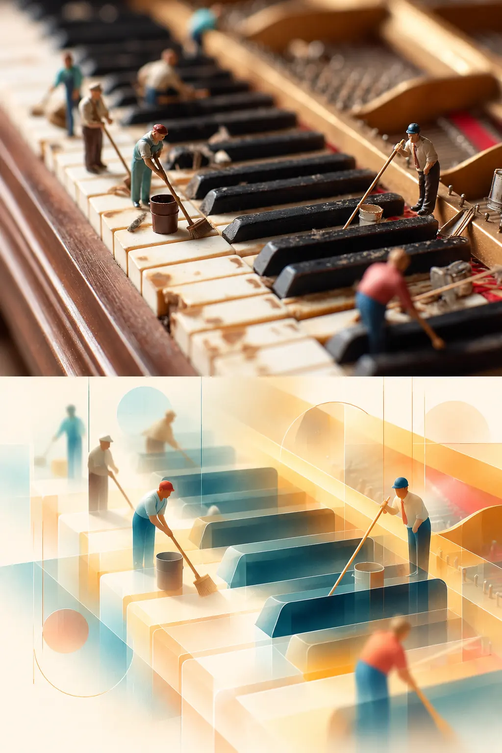 Portrait split poster: the top half is a tilt-shift photo of miniature workers on piano keys; the bottom half turns the keys into pale yellow and blue-grey translucent bars and the workers into small coloured silhouettes, with no text