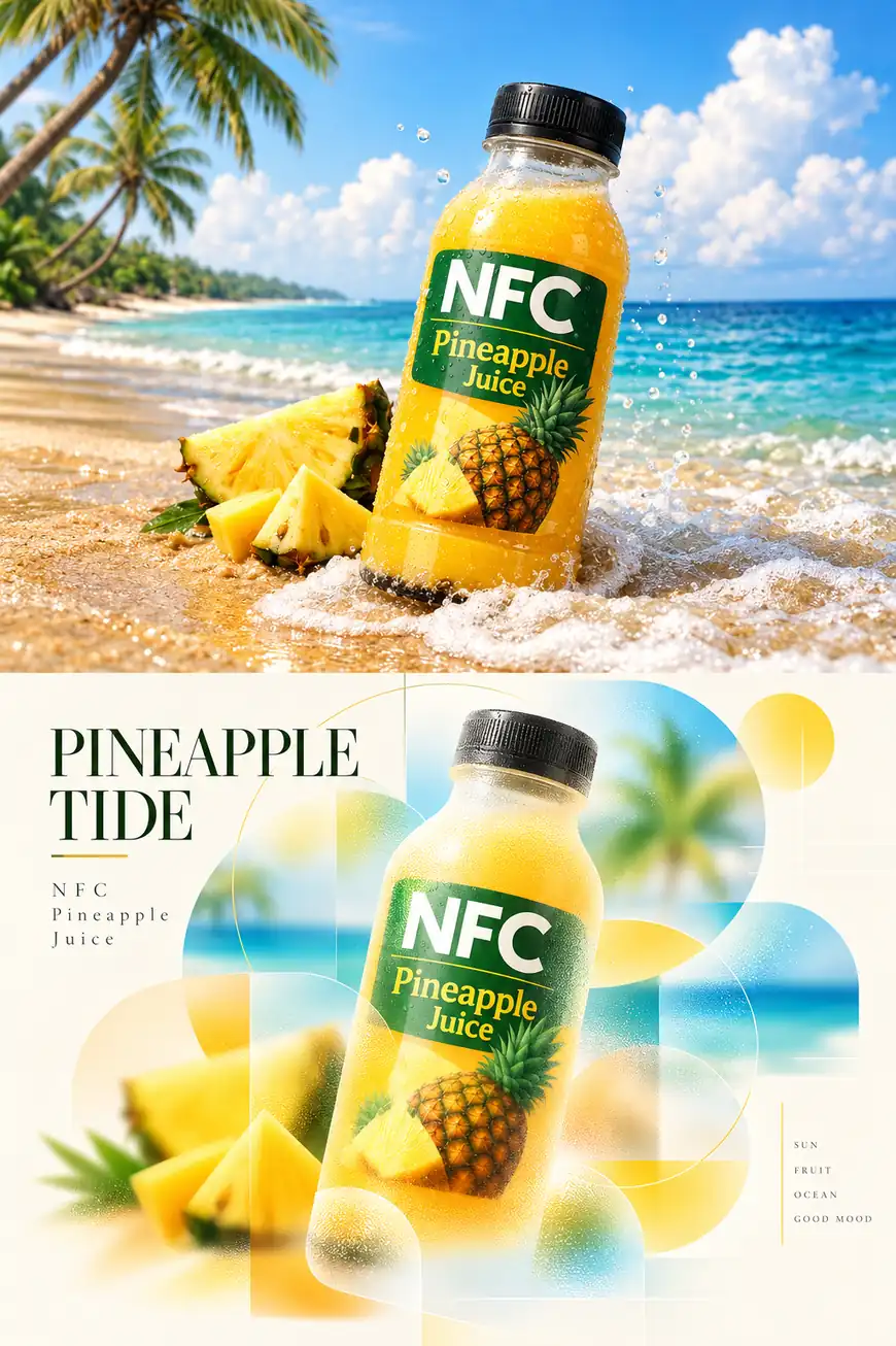 Portrait split poster: the top half is a bottle of NFC pineapple juice and a pineapple in beach surf; the bottom half sets the bottle and pineapple among bright yellow and lake-cyan circles, titled PINEAPPLE TIDE with the line NFC Pineapple Juice