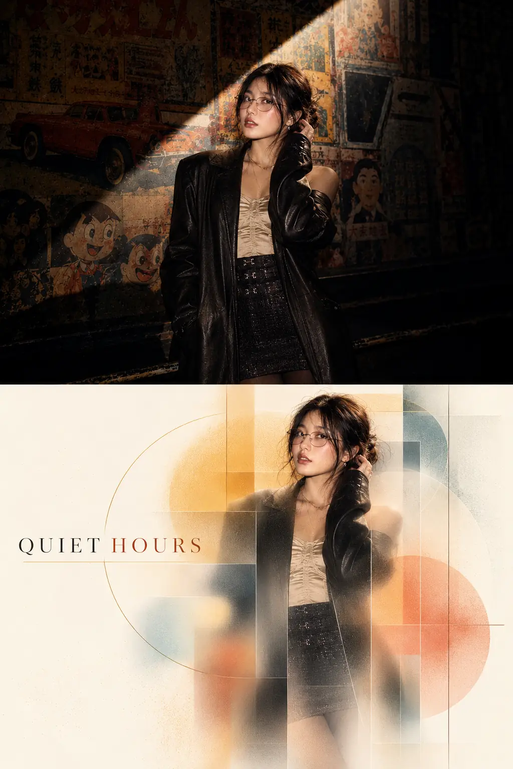 Portrait split poster: the top half is a cinematic night portrait of a young woman in a black coat under neon light; the bottom half places her profile inside warm orange and frosted-glass arcs, titled QUIET HOURS