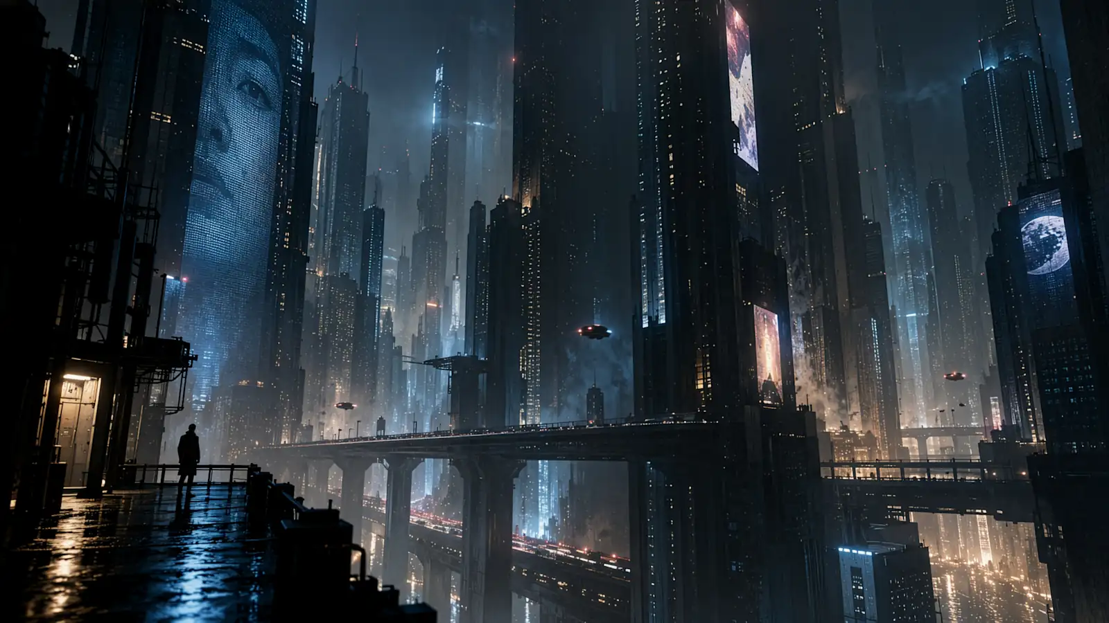 Official GPT Image 2.5 sample: a person standing on a wet balcony overlooking a futuristic city at night, with skyscrapers, giant digital billboards and flying vehicles crisscrossing