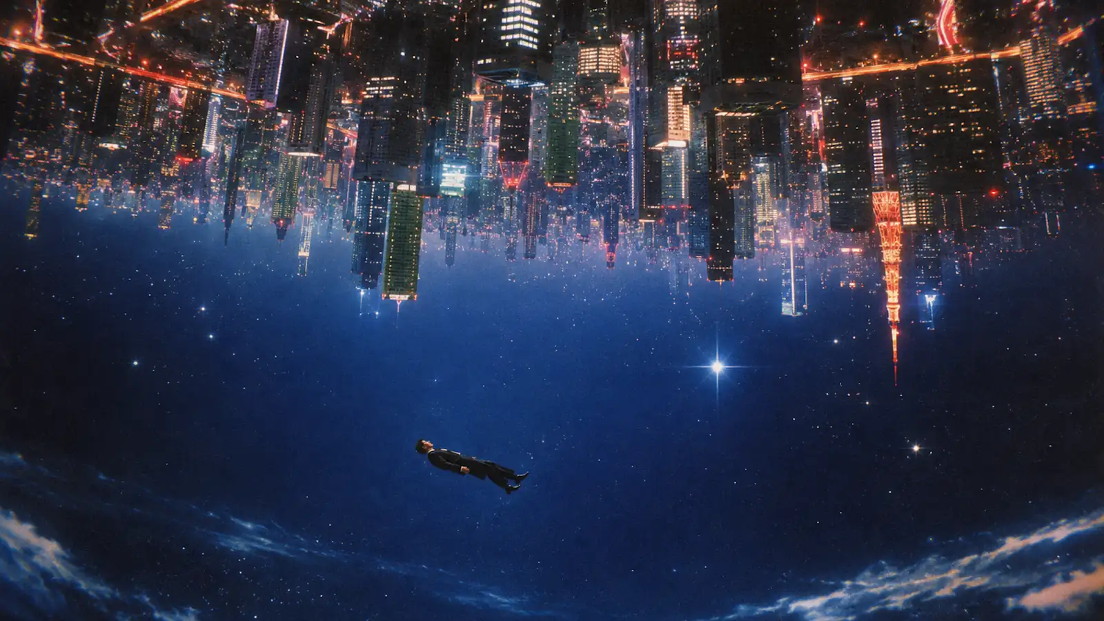 Official GPT Image 2.5 sample: a person floating in a starry sky beneath an upside-down futuristic city, with glowing skyscrapers extending down from the top of the frame
