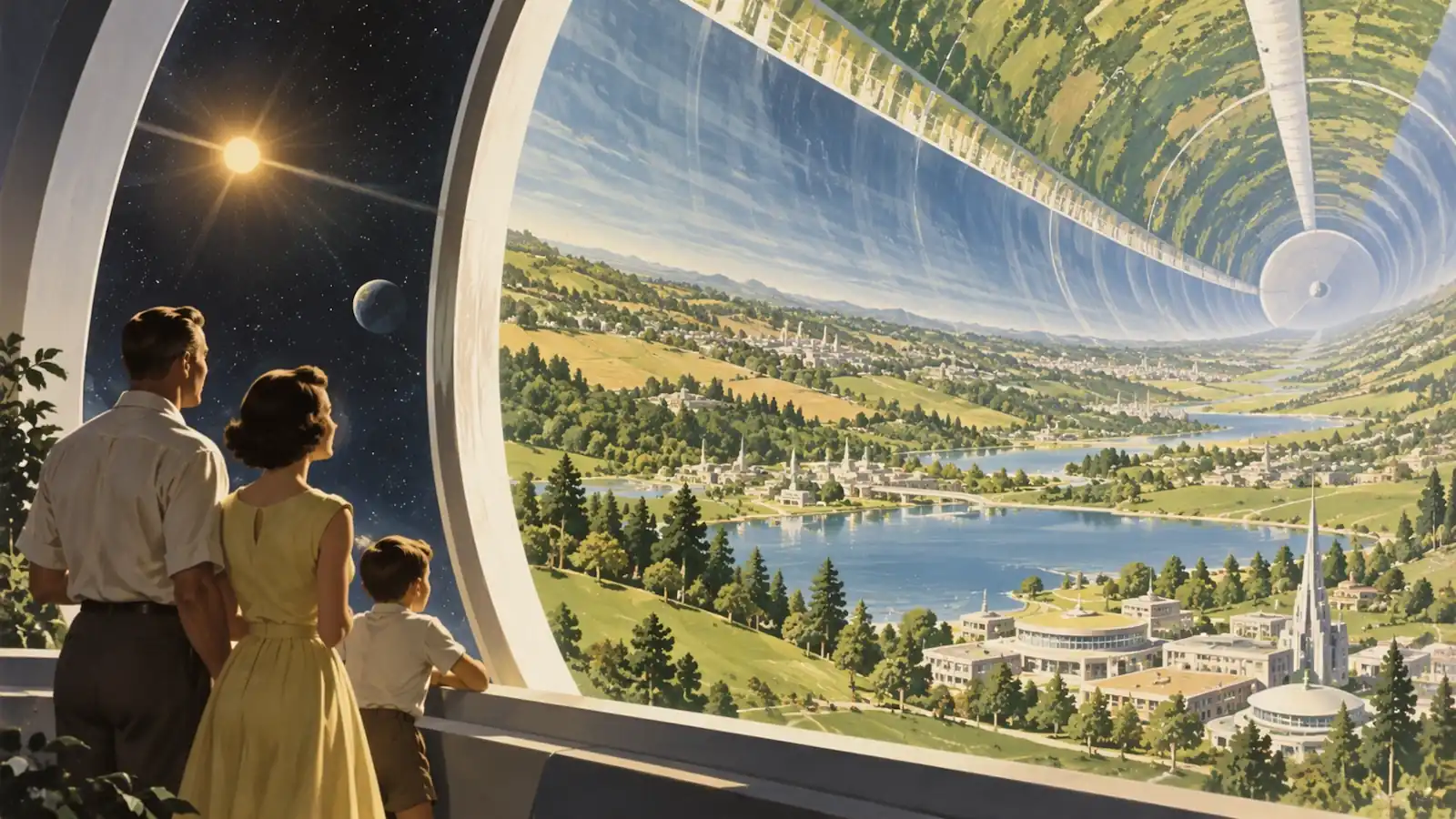 Official GPT Image 2.5 sample: a 1950s-style illustration of a family of three gazing at a giant cylindrical space habitat containing green fields, lakes and futuristic buildings