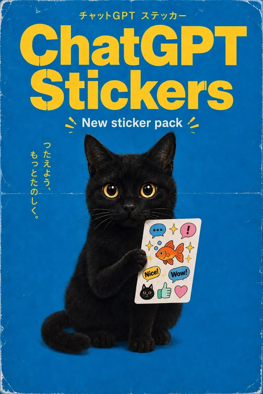 Official GPT Image 2.5 sample image: a retro blue poster with large text reading "ChatGPT Stickers" and "New sticker pack," a black cat with yellow eyes holding up a colorful sticker, with accompanying Japanese text