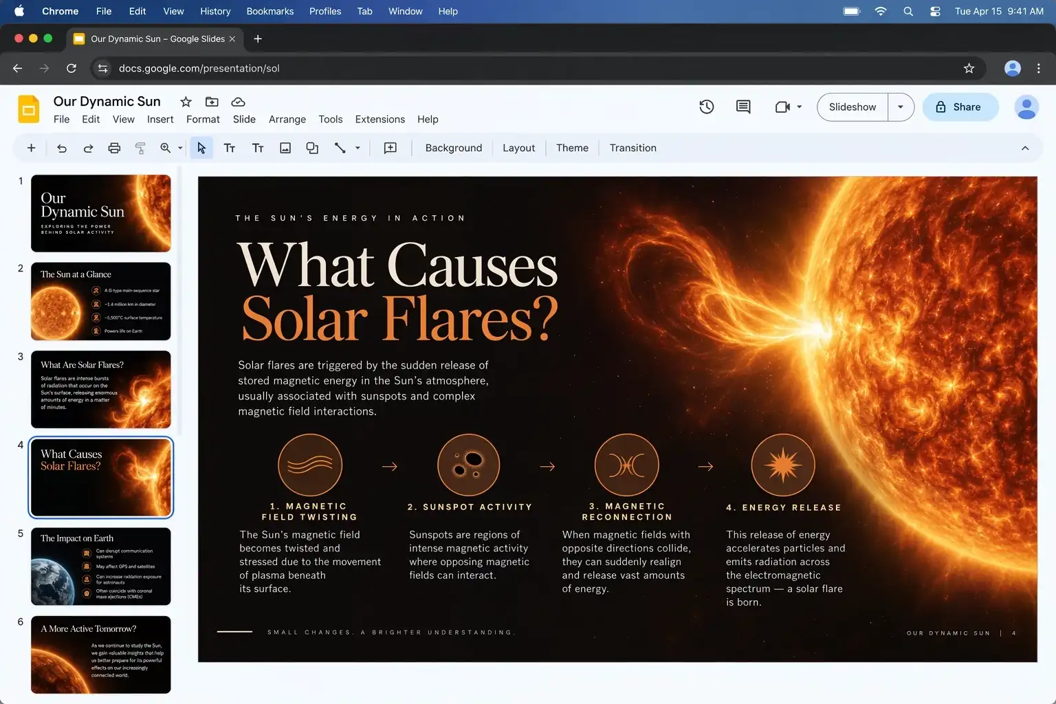 Official GPT Image 2.5 sample image: a presentation slide explaining the causes of solar flares, with a photo of the sun on the left and a four-step diagram on the right covering magnetic field twisting, sunspot activity, magnetic reconnection, and energy release