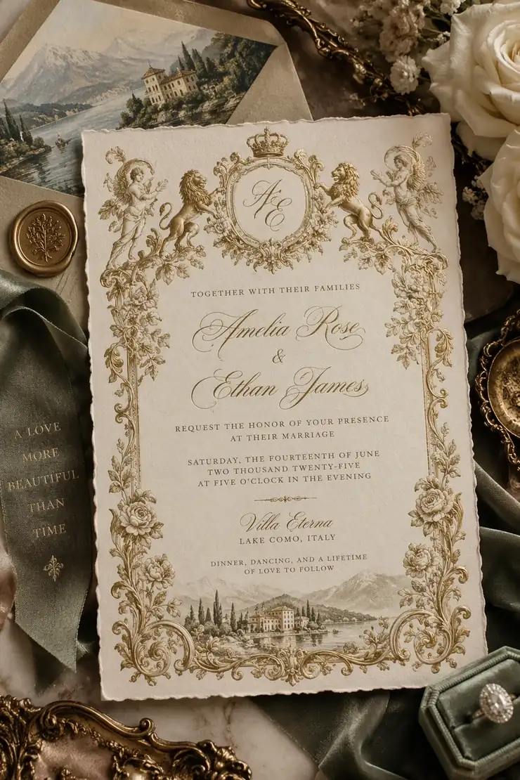 Official GPT Image 2.5 sample: a cream-and-gold wedding invitation with a crowned monogram, decorative lions, a floral border and a Lake Como illustration, arranged with fresh flowers and a green ribbon