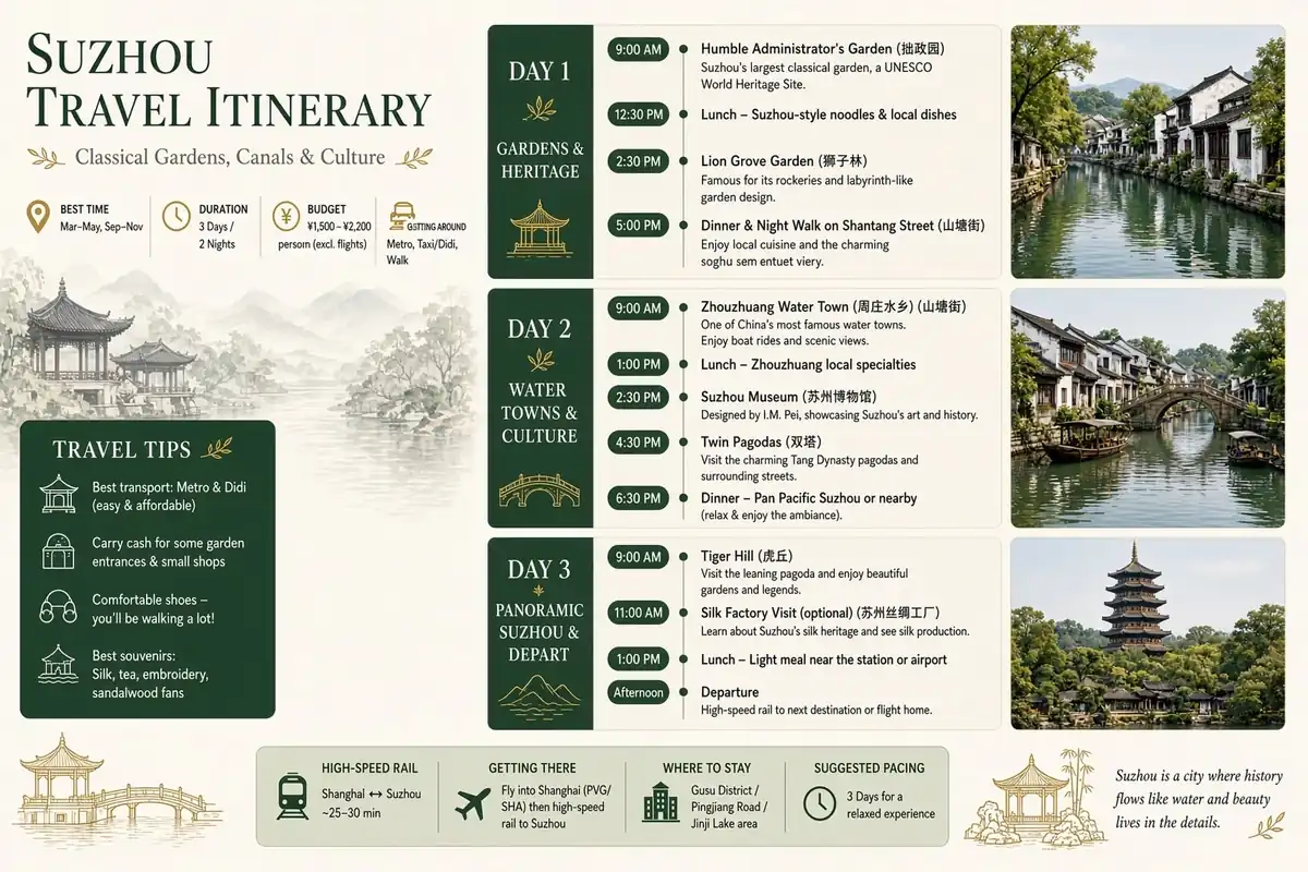 Three-day Suzhou itinerary infographic generated by Grok Image 2, showcasing a multi-block layout and small text