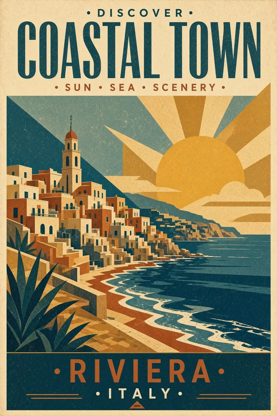 Vintage coastal town travel poster generated by Grok Image 2, showcasing typography and illustration style