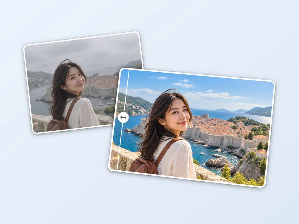 Two stacked travel photo cards: top left is the original of a seaside old town under a gray overcast sky, bottom right is the same photo after rescue with blue sky, white clouds and clear water, with a before-and-after divider line in the middle