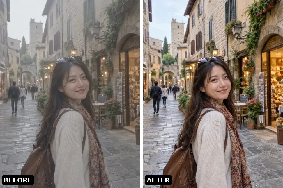 Side-by-side travel photo comparison: left is the dull, flat original street scene, right is the same photo after rescue with clear colors and a standout subject