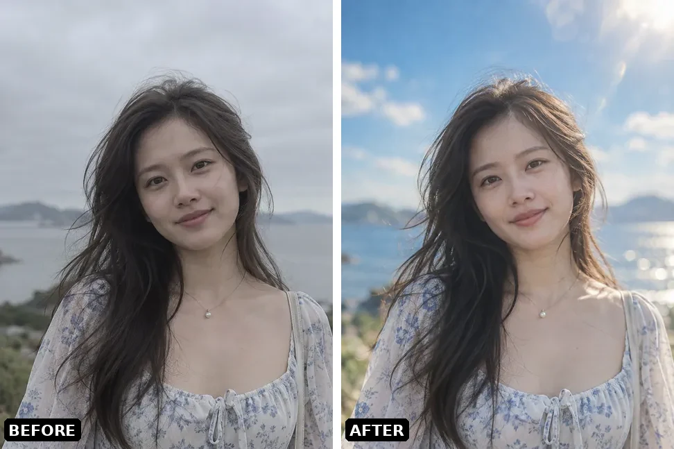 Side-by-side portrait comparison: left is the original outdoor portrait in ordinary light, right is the same photo with a retro blue-and-white tone, shallow depth of field and creamy bokeh