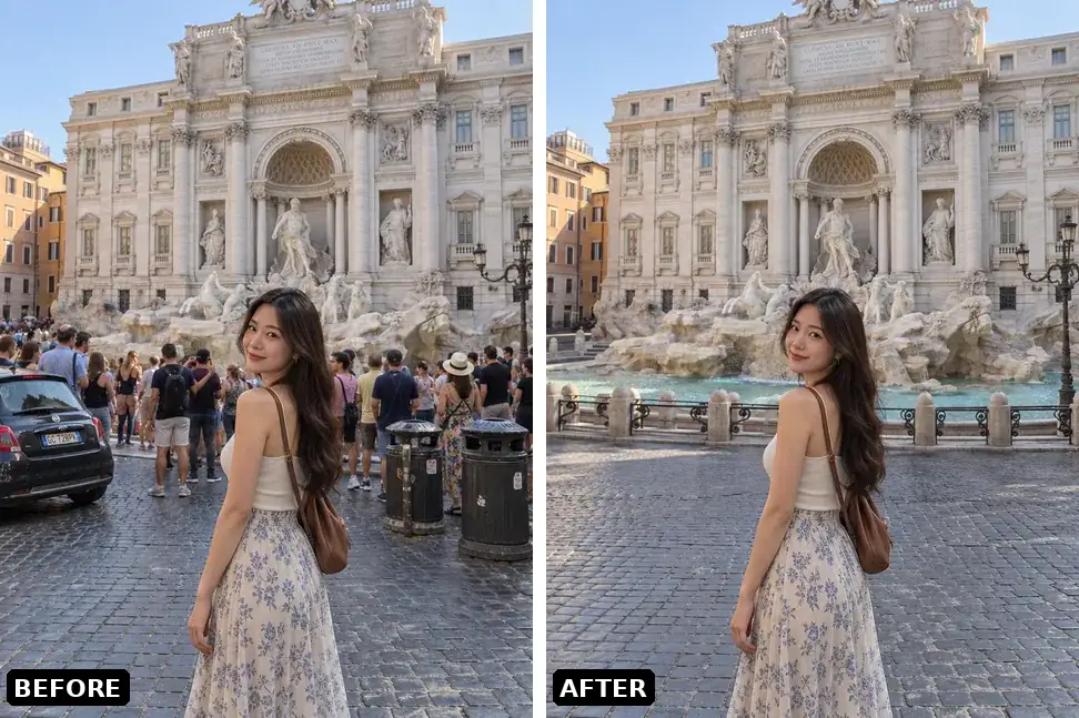 Side-by-side travel photo comparison: left is the original with tourists and vehicles crowding the fountain, right is the same photo with background pedestrians, cars and trash cans all removed and a clean square