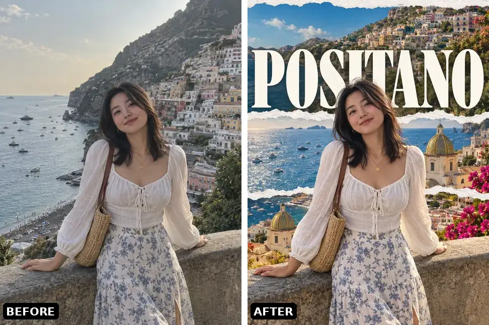 Side-by-side comparison: left is an ordinary travel photo, right is the same photo turned into a magazine collage spread with three torn-paper-edge photo windows and the subject breaking out of the frame over the large headline