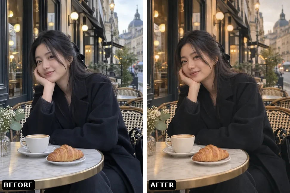 Side-by-side travel photo comparison: left is the original with straight-out-of-camera digital colors, right is the same photo with film grain, warm tones and soft contrast