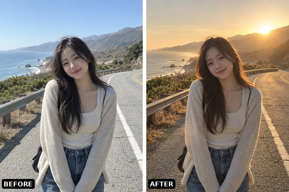 Side-by-side travel photo comparison: left is the original in ordinary daylight, right is the same photo bathed in warm sunset light with a rim light on the subject's hair
