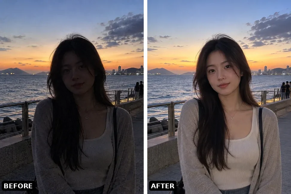 Side-by-side travel photo comparison: left is the backlit original with a dark face, right is the same photo with clear facial detail and soft lighting