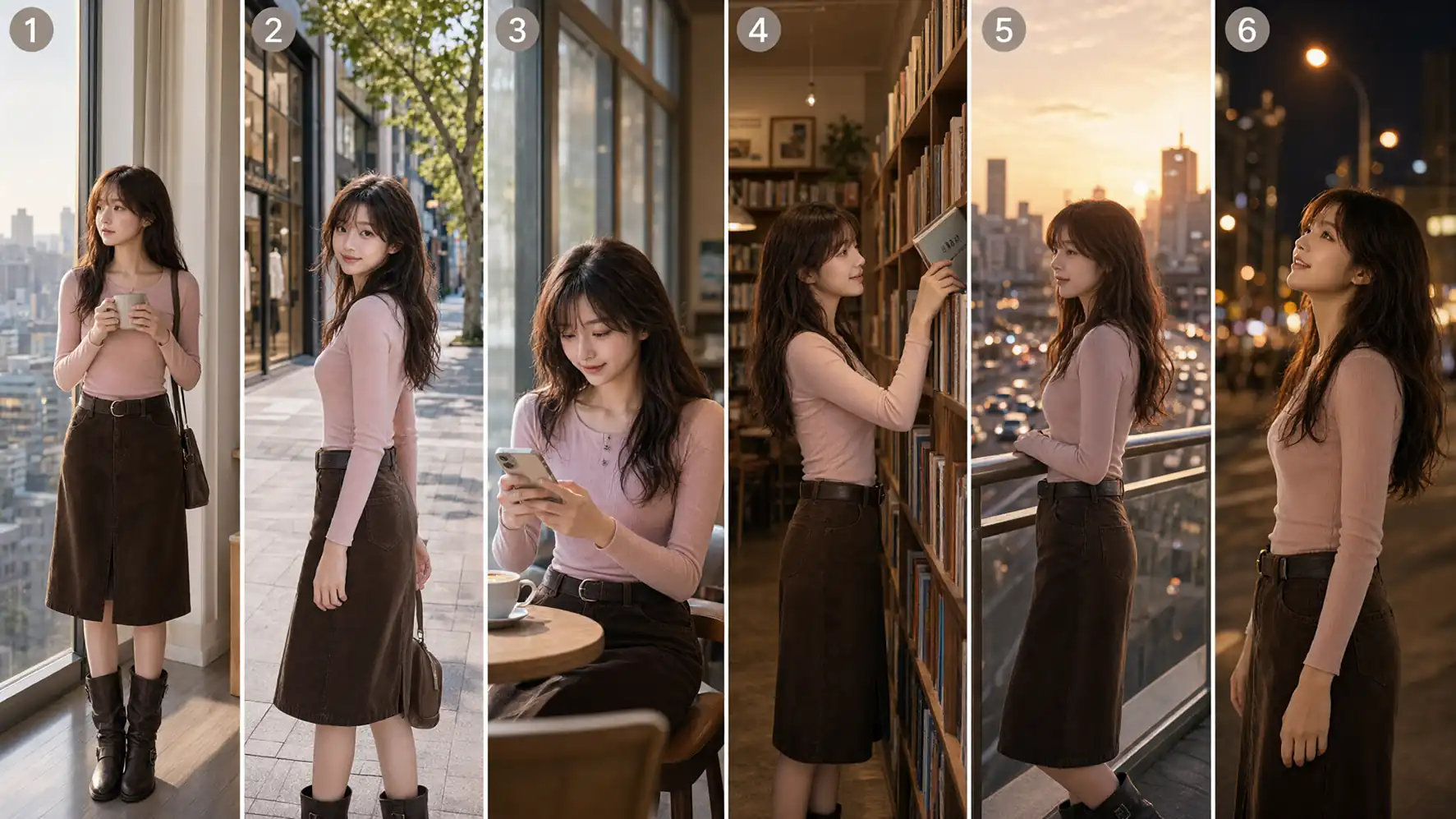 A six-panel storyboard of the same young woman in six scenes (by a window, on a street, in a café, in a bookstore, on a rooftop at dusk, on a street at night) with consistent outfit and hairstyle