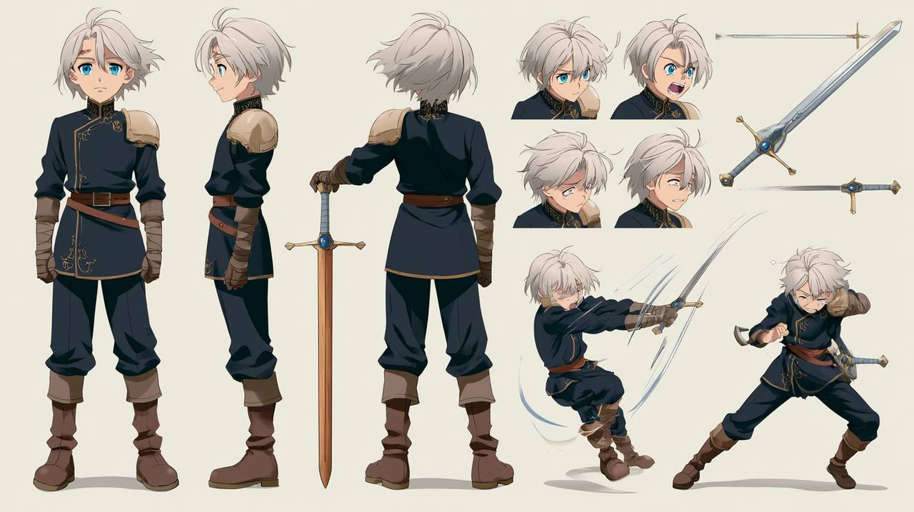 Character design sheet of a silver-haired young swordsman with front, side, and back views, expressions, and weapons