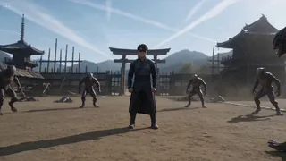 cinematic martial arts confrontation in broad daylight, a blind shaolin monk wearing a dark, stylized combat outfit insp