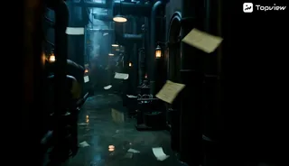 Noir fantasy film sequence. Opening shot: The camera enters a house. On a perch sits a futuristic mechanical bird with g