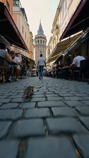 Bir kedinin POV bakış açısından istanbul’da galata kulesi önündeki sokakta bir fareyi kovalaması. tek plan çekim. bazı i