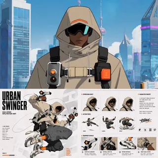 A dynamic character concept sheet showcases a "High-Speed Infiltration Unit" in a mid-air grappling pose, utilizing a cl
