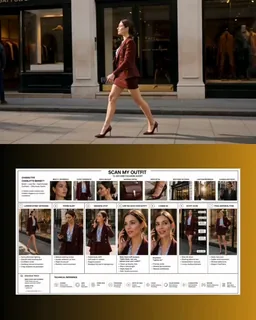 Create a wide cinematic storyboard infographic (16:9) for a 15-second luxury fashion film titled “Scan My Outfit.”