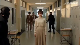 In a telekinetic action scene, a South Korean high school girl in a white short-sleeved shirt and gray pleated skirt sta