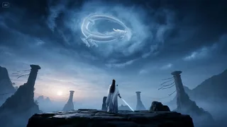 Style: 3D cinematic wuxia fantasy, stylized realism, mythic martial arts atmosphere, elegant wire-fu movement, misty mou