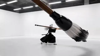 A cinematic, high-contrast action video in a stark minimalist white gallery space. A character wearing a traditional bla