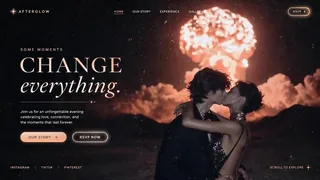 Cinematic animation of a romantic couple kissing under a glowing explosion cloud at night, with a starry sky, subtle motion, and luxury lighting, suitable for a landing page hero s