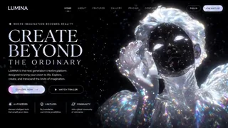 Cinematic animation of a surreal futuristic figure with cosmic galaxy skin, glowing eyes, and iridescent body, floating in a star field, with UI elements including an 'Explore Now'