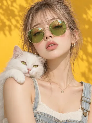 A portrait of a young woman with a white cat on her shoulder against a bright yellow wall with leaf shadows.