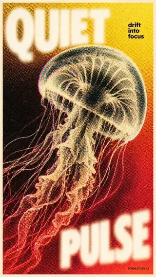 A grid of retro graphic posters featuring subjects like a jellyfish, boxing glove, vinyl record, and architecture, styled with grainy halftone and bold typography.