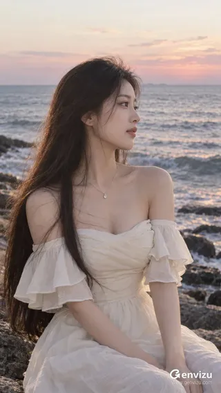 A photorealistic romantic portrait of a young Chinese woman in an ivory off-the-shoulder dress sitting by the sea at dusk.
