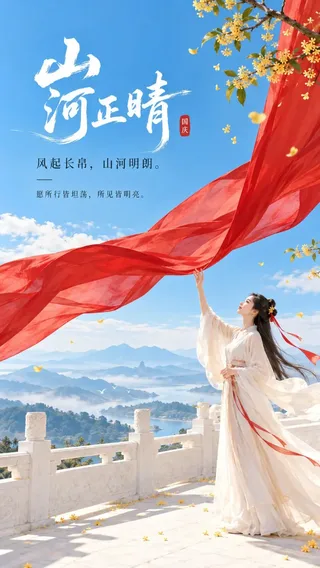 An ancient-style woman standing on a white platform, looking at a red silk ribbon against a clear blue sky, in a minimalist National Day poster design.