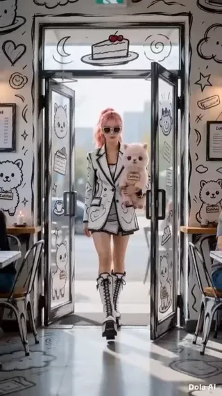A photorealistic woman with a pink ponytail and sunglasses, holding a photorealistic pink alpaca, walks through a 2D black and white doodle-style cafe. Her clothes and the cafe are drawn in the same flat, marker-like doodle style.