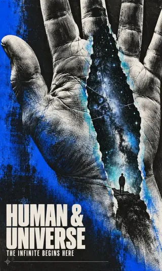 A stark, high-contrast black and white editorial poster featuring a colossal human hand with a torn aperture in the palm revealing a starfield, with limited cobalt and cyan color accents.