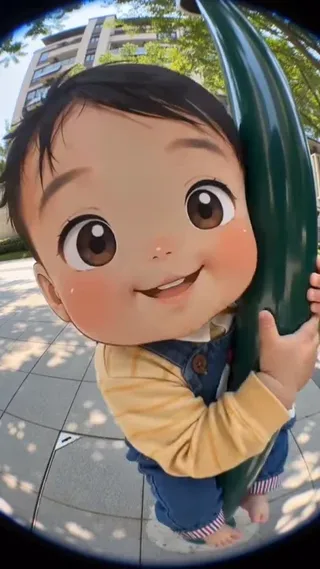 A Q-version sticker character with a round face and big eyes, wearing a yellow striped shirt and blue overalls, attempts to stick its face very close to a fish-eye camera, failing facial recognition.