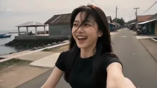 Authentic Indonesian woman in her late 20s filming a shaky, grainy selfie video with a flip-phone camcorder aesthetic during a summer day in a coastal village.