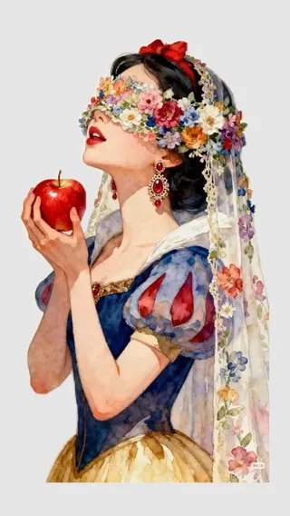A graceful woman in a vintage watercolor style, her face obscured by a veil of tiny wildflowers, holding a red apple. She wears a flowing dress with autumn colors and golden details.