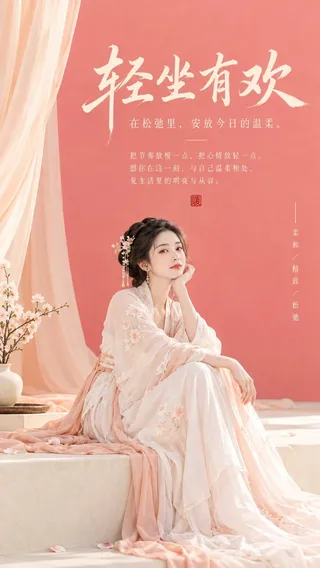 An oriental minimalist vertical cover featuring a serene ancient-style woman sitting gracefully against a coral pink and cream background.