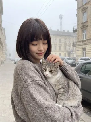 A young woman with a dark bob haircut wearing a taupe knit sweater, holding a fluffy gray and white cat on a quiet misty European street.