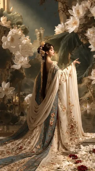 A young East Asian woman in a flowing, ornate classical dress stands alone by a large lotus pond. Soft, directional light illuminates her face and part of her dress, contrasting with deep shadows. Giant white lotuses bloom around her, with fallen petals at her feet. The mood is serene yet tinged with sadness.